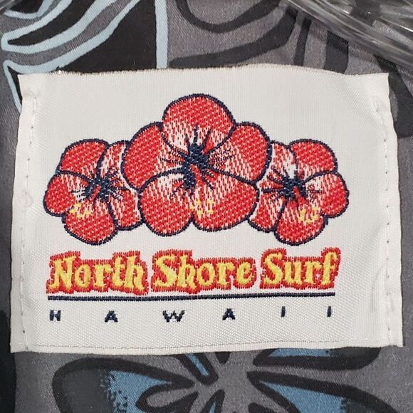 North Shore Surf Mens Large Button Up Hawaiian Shirt Nylon Gray White Blue USA - Picture 4 of 9